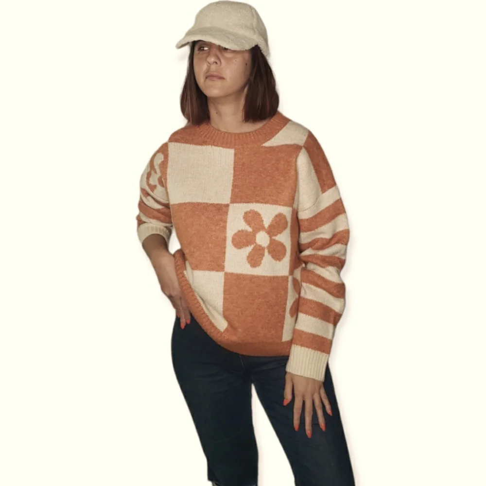 Entro Crew Neck Sweater Checkerboard Stripe Orange Cream Retro Hippie Boho